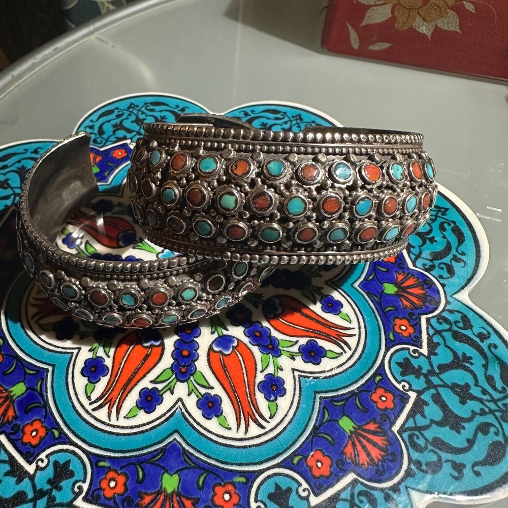 Pair of Silver & Inlay Morrocan Cuffs
